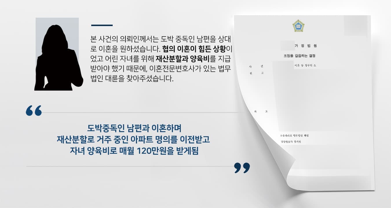 본 사건의 의뢰인께서는 도박 중독인 남편을 상대로 이혼을 원하셨습니다.  협의 이혼이 힘든 상황이었고 어린 자녀를 위해 재산분할과 양육비를 지급받아야 했기 때문에,  이혼전문변호사가 있는 법무법인 대륜을 찾아주셨습니다.