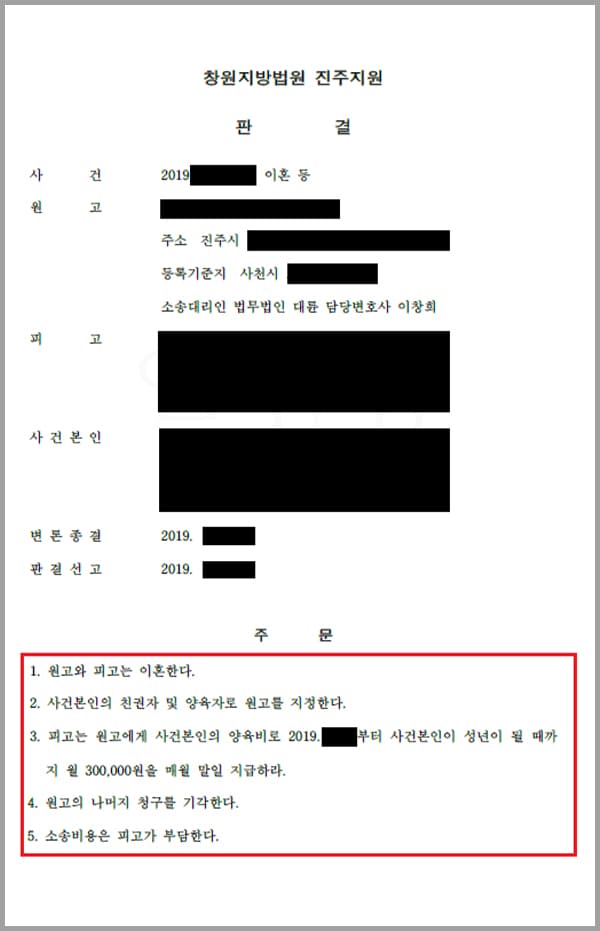 원고의 남편은 처음부터 직업을 속여 원고와 결혼하였습니다. 결혼 1년후부터 사업이 어렵다며 생활비를 전혀 부담하지 않았고 이후 편지 한장만을 남기고 가출하여 연락을 두절하며 양육비를 전혀 지급하지 않았습니다.자녀의 미래를 위해 이혼만은 안된다고 생각했던 원고는 10년간의 결혼생활을 이어왔지만 더이상은 남편을 이해할 수 없어 양육권과 양육비를 지급하라는 이혼청구소송을 제기하여 줄 것을 요구한 사안이였습니다.